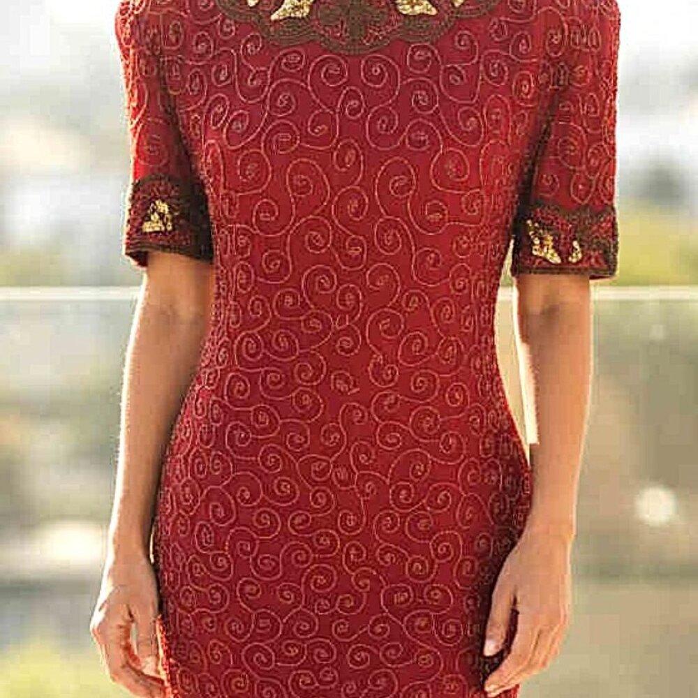 Vintage Night Vogue Red Silk Beaded Sequin Dress L Short Sleeve Party Cocktail